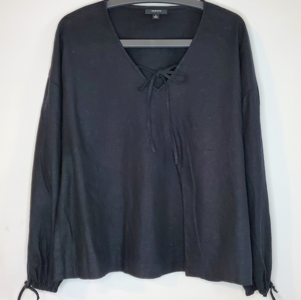ALFANI, V-neck Black blouse Long sleve Linen mix S , New